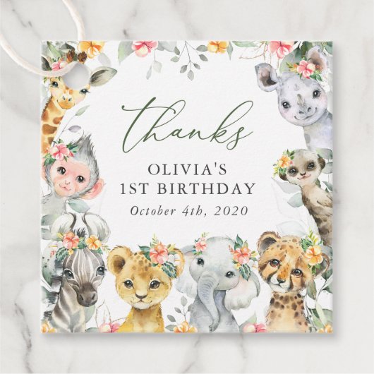 Oerwouden, safari, bloemen, eerste verjaardag bedankjes labels (Voorkant)