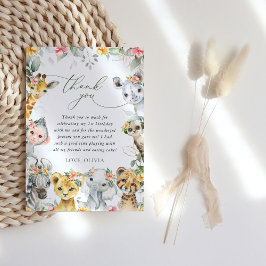 Oerwouden, safari, bloemen, eerste verjaardag bedankkaart