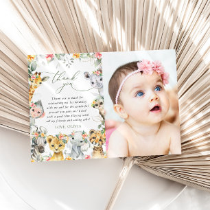 Oerwouden, safari, bloemen, eerste verjaardag bedankkaart