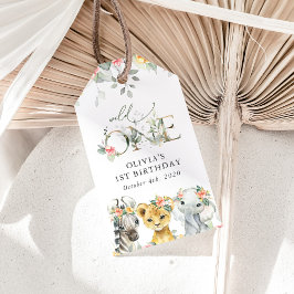 Oerwouden, safari, bloemen, eerste verjaardag cadeaulabel