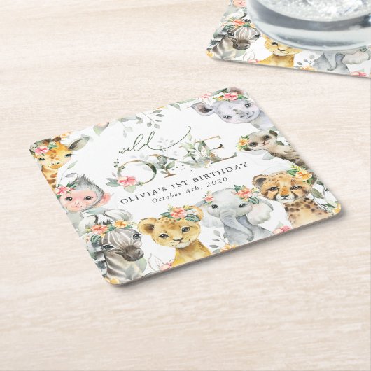 Oerwouden, safari, bloemen, eerste verjaardag kartonnen onderzetters (Schuin)