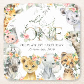 Oerwouden, safari, bloemen, eerste verjaardag kartonnen onderzetters (Voorkant)
