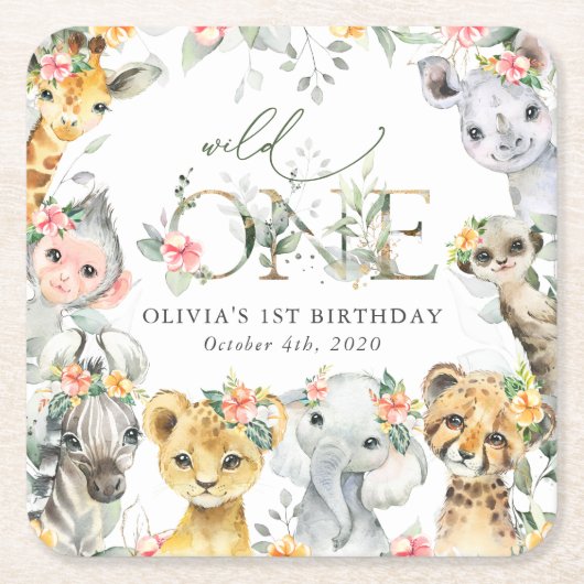 Oerwouden, safari, bloemen, eerste verjaardag kartonnen onderzetters (Voorkant)