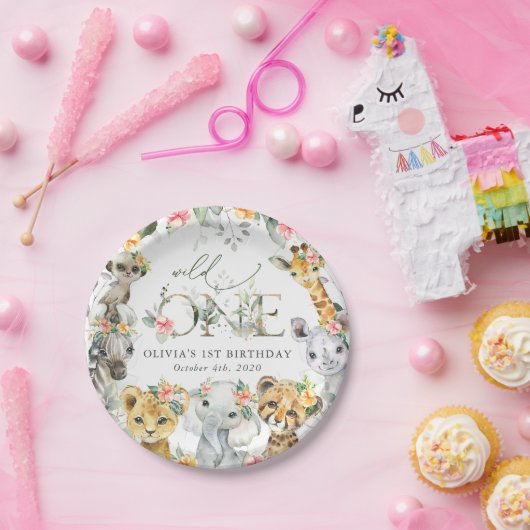 Oerwouden, safari, bloemen, eerste verjaardag papieren bordje (Feest)
