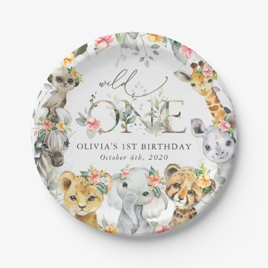 Oerwouden, safari, bloemen, eerste verjaardag papieren bordje (Voorkant)