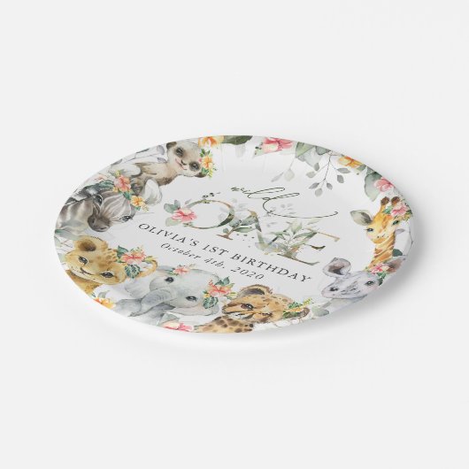 Oerwouden, safari, bloemen, eerste verjaardag papieren bordje (Gekanteld)