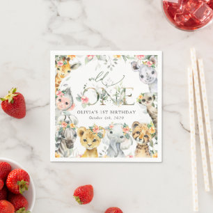 Oerwouden, safari, bloemen, eerste verjaardag servet