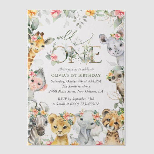 Oerwouden, safari, bloemen, eerste verjaardag vellum uitnodigingen (Voorkant)