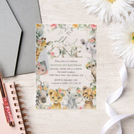 Oerwouden, safari, bloemen, eerste verjaardag vellum uitnodigingen