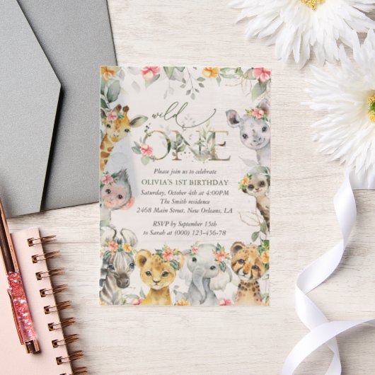 Oerwouden, safari, bloemen, eerste verjaardag vellum uitnodigingen (Huwelijk)