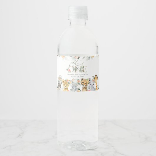 Oerwouden, safari, bloemen, eerste verjaardag waterfles etiket (Voorkant)