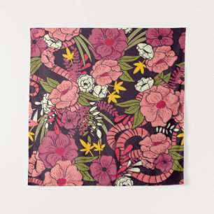 Oerwouden slangen, tropische bloemen, . wandkleed