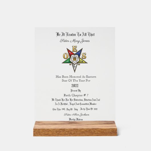 OES Award Acryl Bord (Voorkant)