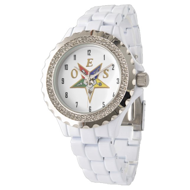 OES Custom Vrouwen Strass Wit Emaille Horloge (Gekanteld)