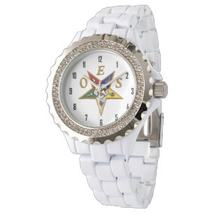 OES Custom Women's Rhinestone White Enamel Horloge