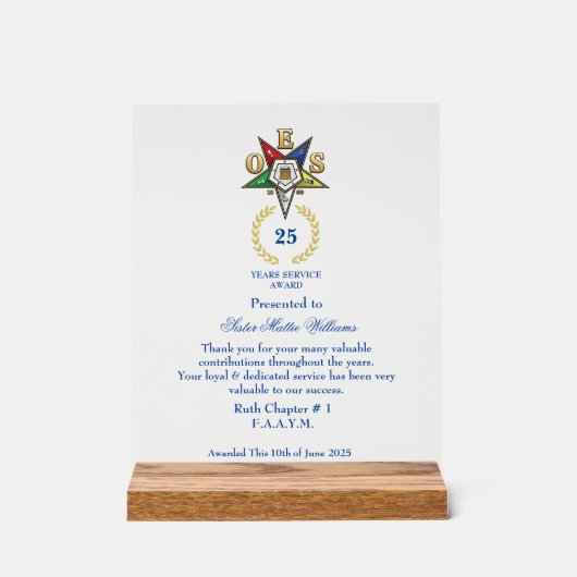 OES Years Services Award Acryl Bord (Voorkant)