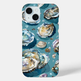 Oesters Clams schelpen Patroon Blauw iPhone 15 Case