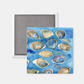 Oesters Clams Zeeschelpen Waterverf Blauw Magneet (Voorkant / Achterkant)