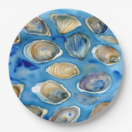 Oesters Clams Zeeschelpen Waterverf Blauw Papieren Bordje