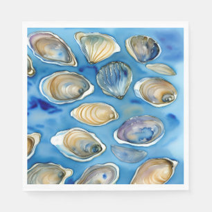 Oesters Clams Zeeschelpen Waterverf Blauw Servet