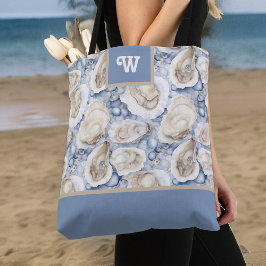 Oesters Delight Blauw Grijs Tan en Monogram Initia Tote Bag