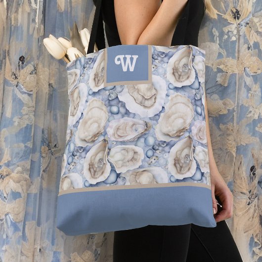 Oesters Delight Blauw Grijs Tan en Monogram Initia Tote Bag