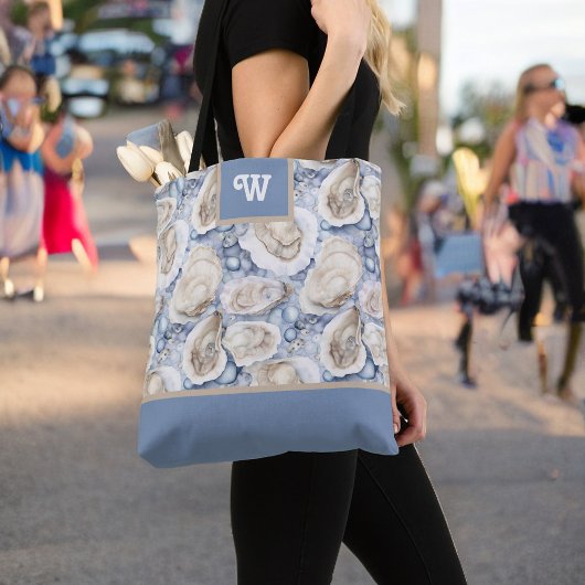 Oesters Delight Blauw Grijs Tan en Monogram Initia Tote Bag