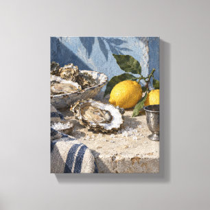 Oesters en citroenen op indigokleurig linnen - Kus Canvas Afdruk