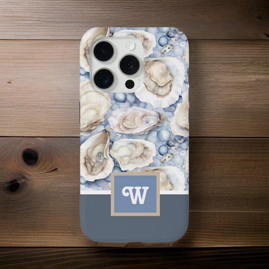 Oesters n Parels Blauw Grijs Tan Monogram Initiaal Case-Mate iPhone Case