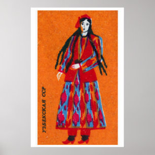 Oezbeekse vrouw Matchbox-kunstprint, vintage volks Poster