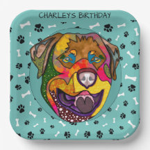 Oezelige hond met Rottweiler verjaardagstaart Bord