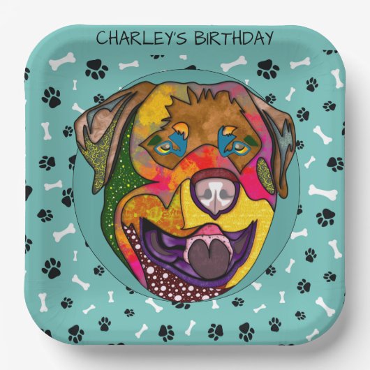 Oezelige hond met Rottweiler verjaardagstaart Bord (Voorkant)