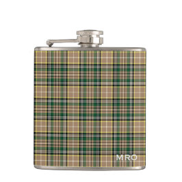 O'Farrell Tartan Monogram Groen en Tan Plaid Heupfles
