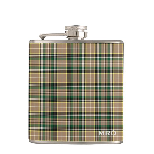 O'Farrell Tartan Monogram Groen en Tan Plaid Heupfles (Voorkant)