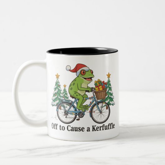 Off To Cause A Kerfuffle Frog Christmas Funny Meme Tweekleurige Koffiemok (Links)
