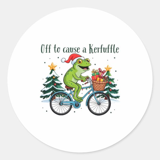 Off To Cause A Kerfuffle Funny Frog Santa Christma Ronde Sticker (Voorkant)