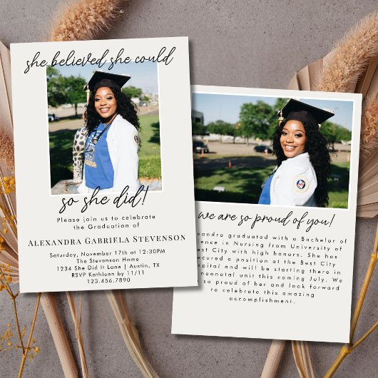 Off White 2 Photo Script Graduation Announcement Kaart