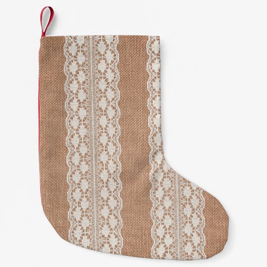 Off-White Lace on Brown Burlap Texture Kleine Kerstsok (Voorkant)