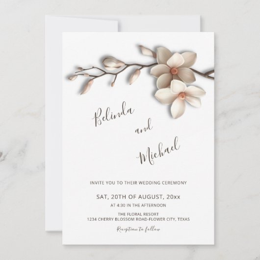 Off White Magnolia Nepbloem Bruiloft Kaart (Voorkant)