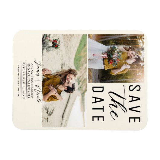 Off White Modern 2 foto's Bewaar de datum Bruiloft Magneet (Horizontaal)
