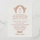 Off White Roos Gouden Boog Krans Monogram Huwelijk Folie Uitnodiging (Voorkant)