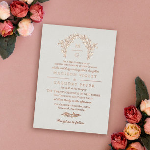 Off White Roze Gouden Boog Krans Monogram Bruiloft Folie Uitnodiging