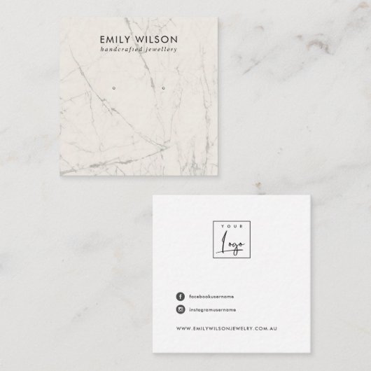 OFF WIT GRIJS MARMER TEXTUUR STUD OORBEL DISPLAY VIERKANTE VISITEKAARTJE (Voorkant / Achterkant)