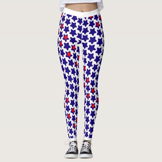 Offbeat vervormde rode witte blauwe sterren leggings (Voorkant)