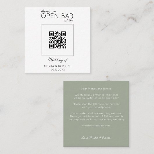Offerte QR Code Open Bar Minimalistisch Sage Wedde Vierkante Visitekaartje (Voorkant / Achterkant)