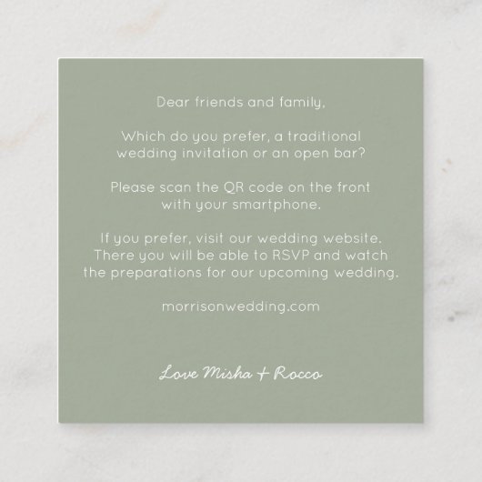 Offerte QR Code Open Bar Minimalistisch Sage Wedde Vierkante Visitekaartje (Achterkant)
