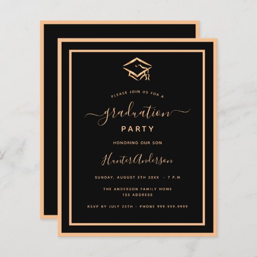 Offerte zwarte gouddegraduatie party-uitnodiging (Voorkant / Achterkant)