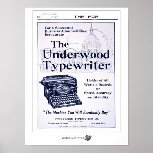 Office van gisteren The Underwood Typewriter Ad Poster (Voorkant)