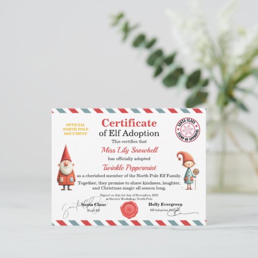 Official North Pole Elf Adoption Certificate  Briefkaart (Staand voorkant)