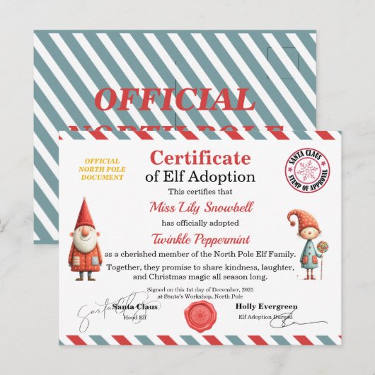 Official North Pole Elf Adoption Certificate Briefkaart (Voorkant / Achterkant)